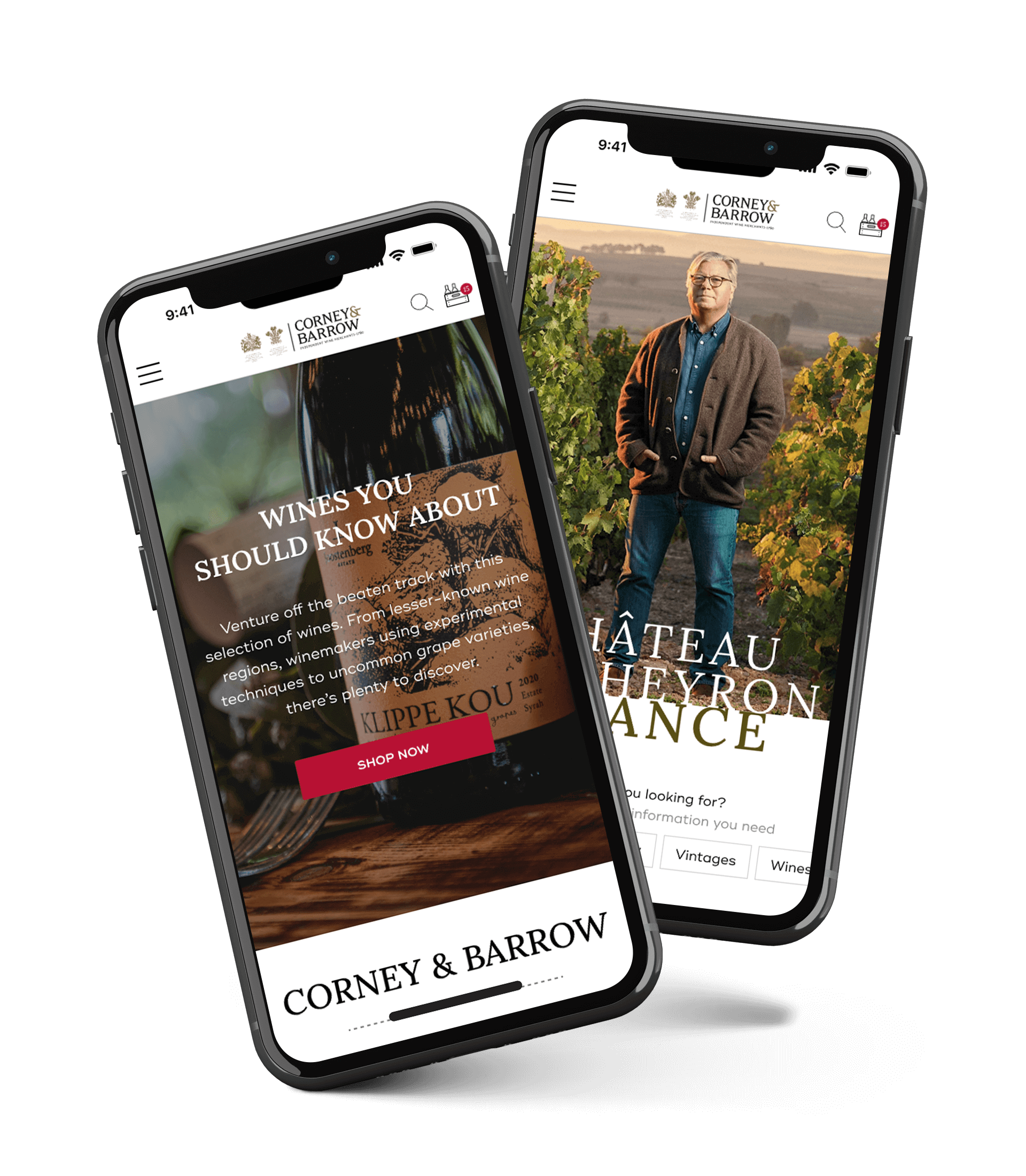 2 design photos of the corney & barrow application on mobile